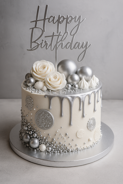 Happy Birthday cake topper silver (1pc) 16 cm