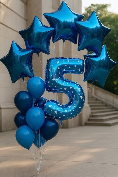 Foil number - 5 blue with stars (100 cm), Helium or air