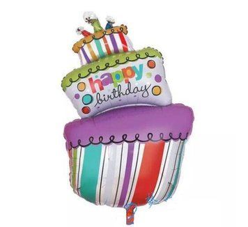 Foil ball Happy Birthday cake purple (54*90) (China), 1 шт., Helium or air, Food