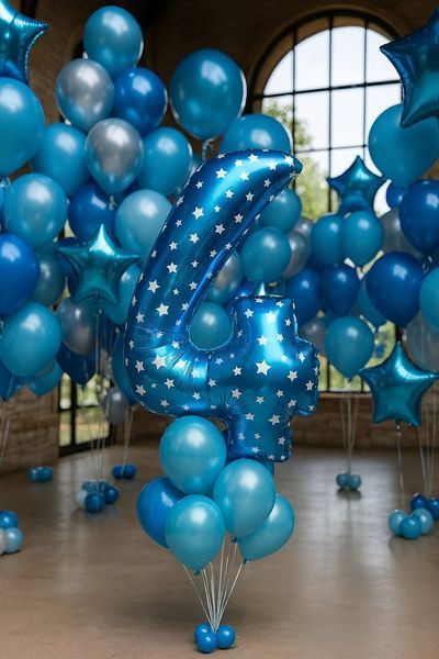 Foil number - 4 blue with stars (100 cm), Helium or air