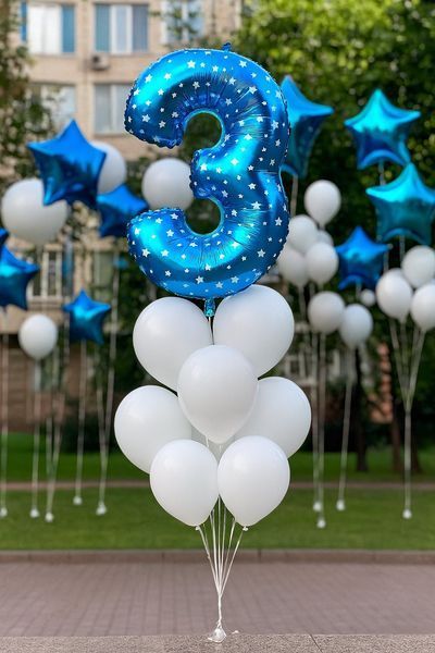 Foil number - 3 blue with stars (100 cm), Helium or air