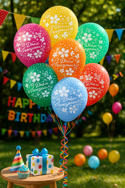 Balloon SDR-106 12" "Happy Birthday Flowers" 50 pcs., 100 шт., 12"/30см., Assorted pastel, Квіти