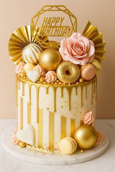 Gold Happy Birthday cake topper (1pc) 16 cm