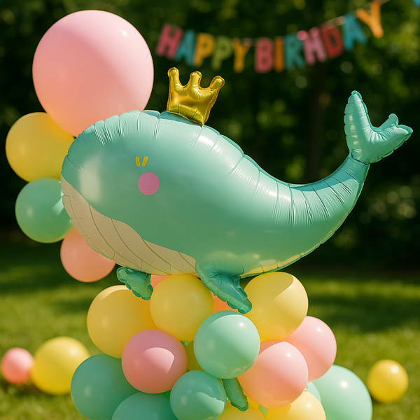 Foil ball Whale with a golden crown (71*93) (China), 1 шт., Helium or air, Дикі тварини
