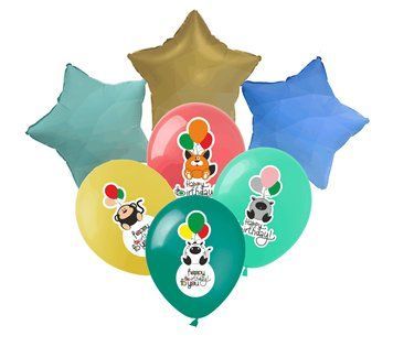 Set of balloons "Happy Birthday Animal", 7 шт., 12"/30см., Mix (5 colors), Звірятка